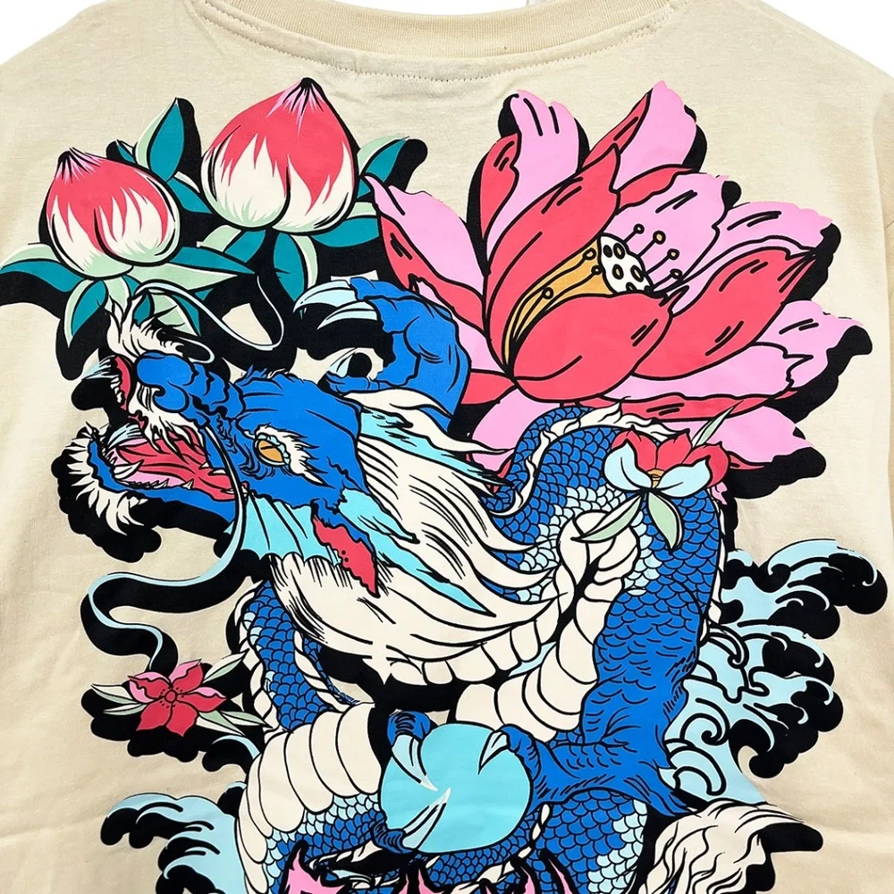 Rebel Vengeance Japanese Dragon Floral Graphic T-Shirt Men’s Large